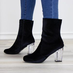 Black Velvet Above Ankle Clear Heel Bootie